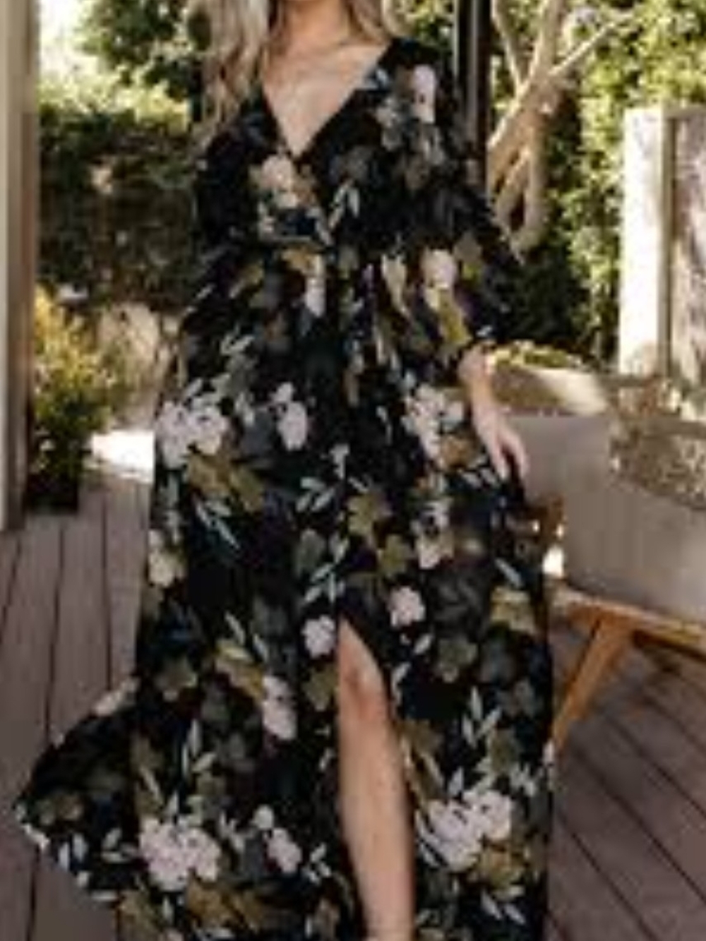 Baltic Born Faye Navy Floral Maxi Dress V-Neck Slit Flowy Sleeves Tie String